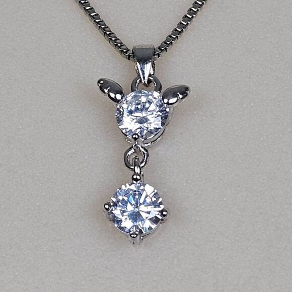 S 925 Sterling Silver Cubic Zirconia Drop Pendant Box Chain Necklace Cat Mouse - Picture 3 of 15